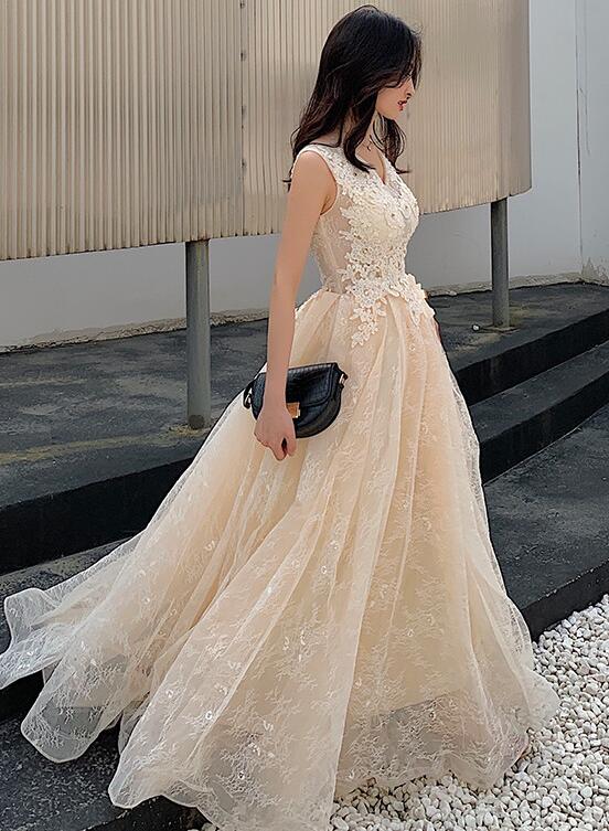 Champagne Lace V-Neckline Tulle Long Evening Dress Prom Dress, A-Line Lace Formal Dresses cg23065