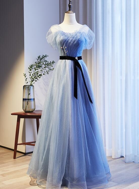 Lovely Blue Beaded Long Evening Dress New Style Party Prom Dress, Blue Tulle Formal Dresses cg23066