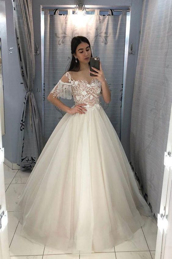 Light champagne tulle lace long prom dress, tulle lace evening dress cg23102