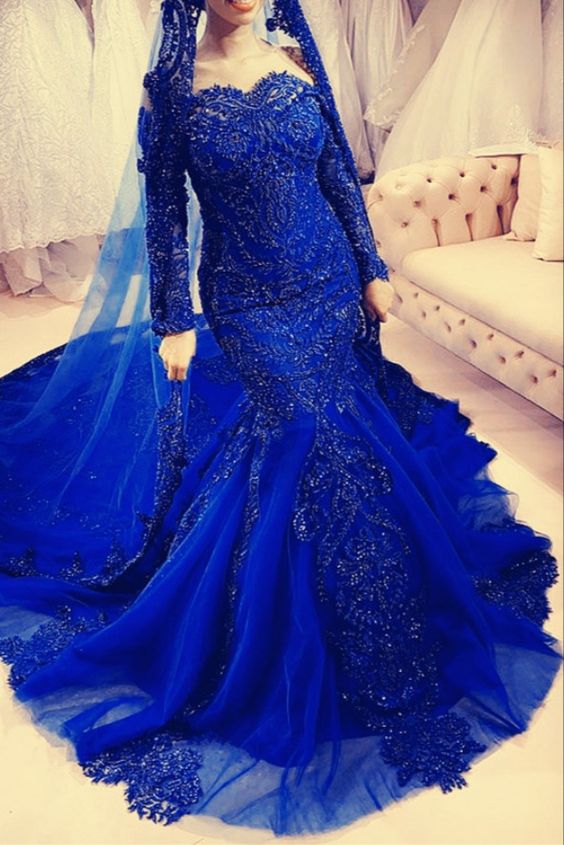 Elegant Royal Blue Lace Mermaid Prom Dresses Long Sleeves Evening Gown Off The Shoulder cg23113