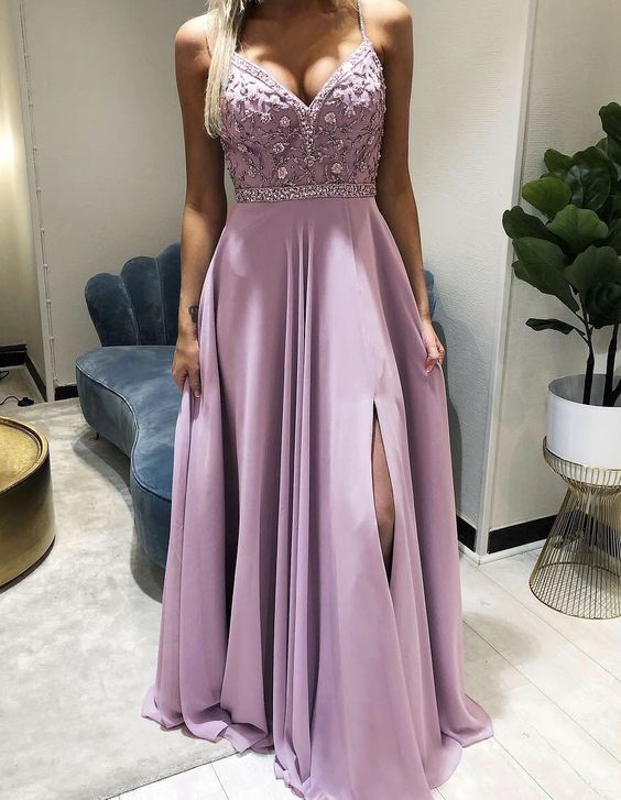 elegant mauve pink bridesmaid dresses chiffon split evening prom gown with side split cg23116
