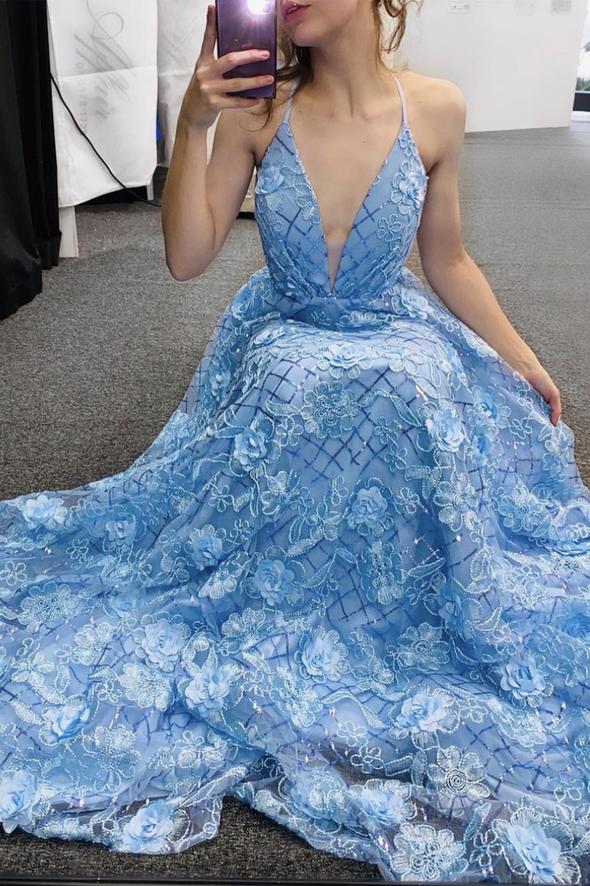 Blue v neck tulle appliqué long prom dress A line evening dress cg23128