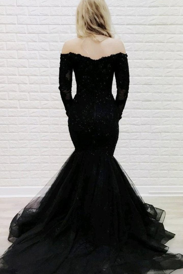 Black lace long sleeve mermaid prom dress evening dress cg23131
