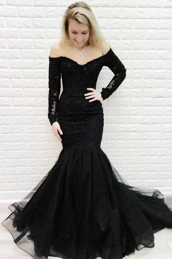 Black lace long sleeve mermaid prom dress evening dress cg23131