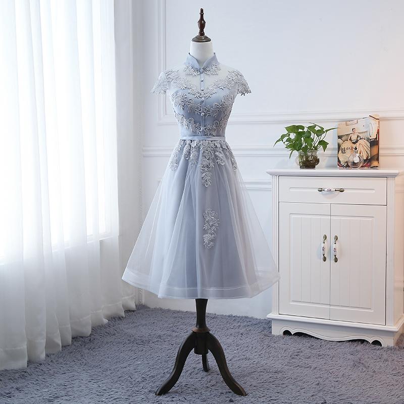 Light Grey Tulle With Lace Short Party Dress Homecoming Dress cg23134