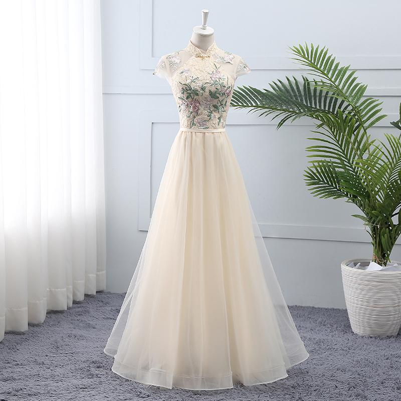 Light Champagne Tulle And Lace High Neckline Long Party Dress, A-Line Tulle Bridesmaid prom Dress cg23136