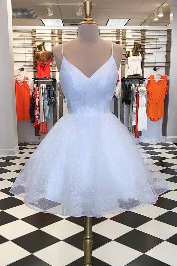 White Homecoming Dresses Spaghetti-straps V Neck Short Homecoming Dresses cg23149