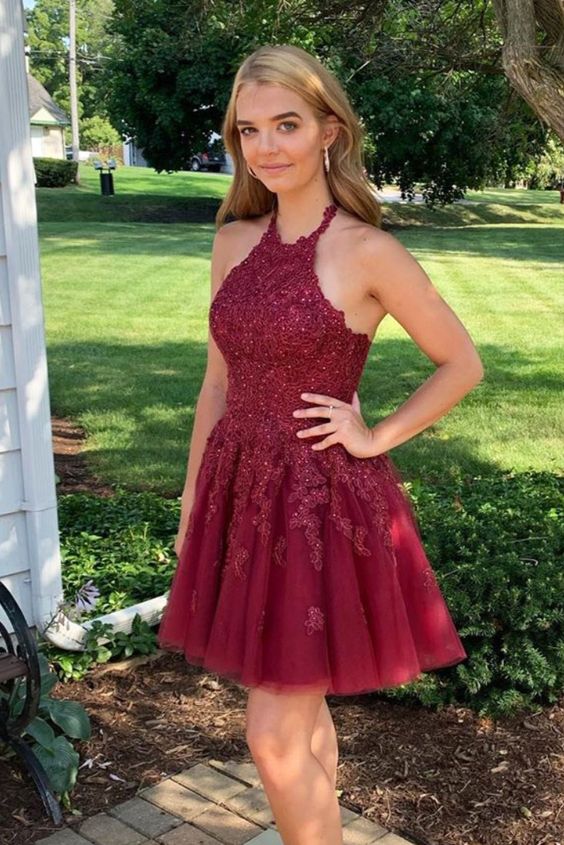 halter burgundy A-line short homecoming dress cg23153