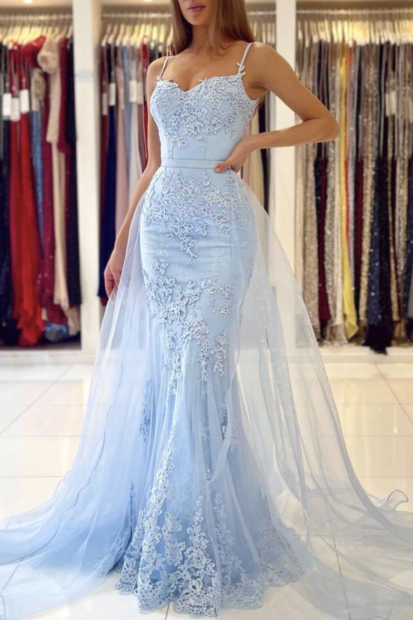 Blue lace long prom dress mermaid evening dress cg23154