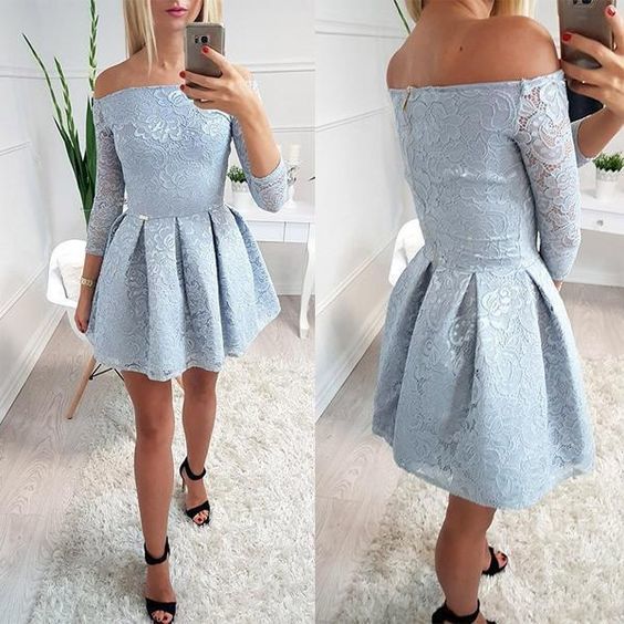 Light Blue Lace Off Shoulder Long Sleeve Simple Homecoming Dresses cg23169