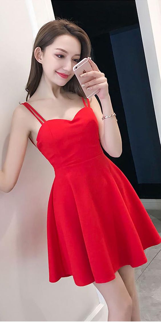 Simple Straps Sweetheart Red Satin Homecoming Dresses Party Dresses cg2317