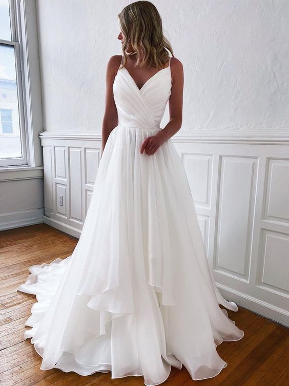 A Line V Neck White Wedding Dresses, V Neck White Prom Formal Dresses cg23187