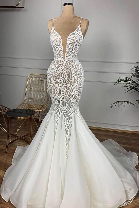 Spaghetti Straps Lace Wedding Dresses Ivory Sleeveless Bridal Gowns With Appliques Prom Dress cg23191