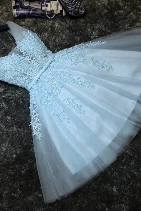 Lovely Blue Tulle V-neckline Short Party Dress, Tulle With Lace Homecoming Dress cg23196