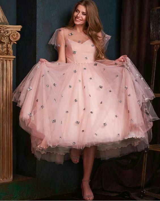 Pink Tulle party Dresses,Tea Length Prom Dresses cg23200