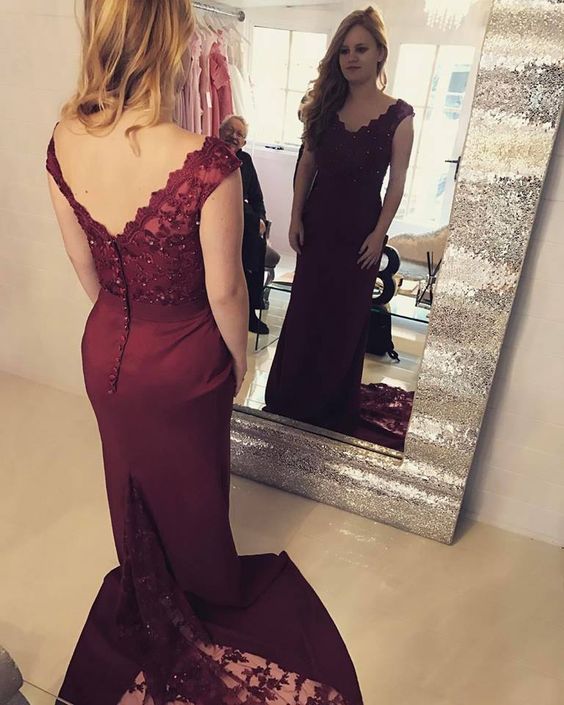 Charming Prom Dress, V Neck Lace Mermaid Prom Dresses, Sexy Burgundy Formal Evening Dress cg23210