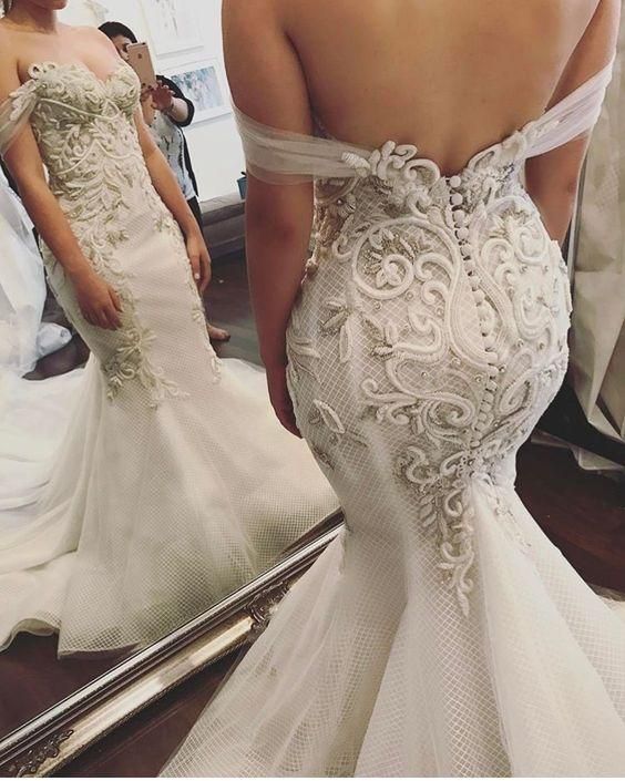 Elegant Mermaid Lace Wedding Prom Dress Sheer Off Shoulder Applique Tulle Bridal Gown cg23219