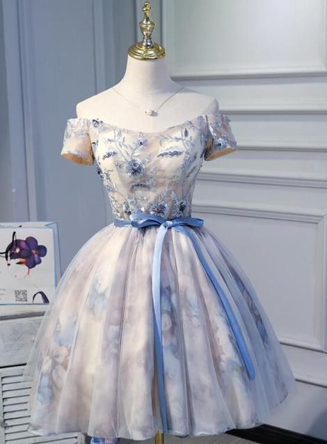 Light Pink Cute Short Tulle with Floral Lace Homecoming Dress cg23245