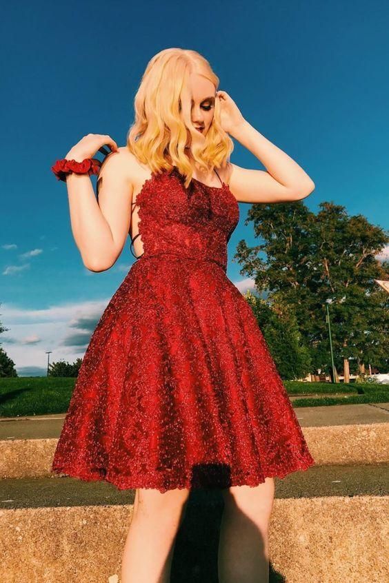 A-line red lace short homecoming dress with lace up back cg23259