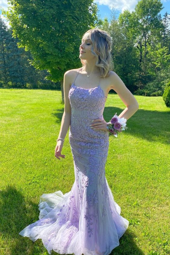 mermaid lavender appliqued long prom dress with spaghetti straps cg23278