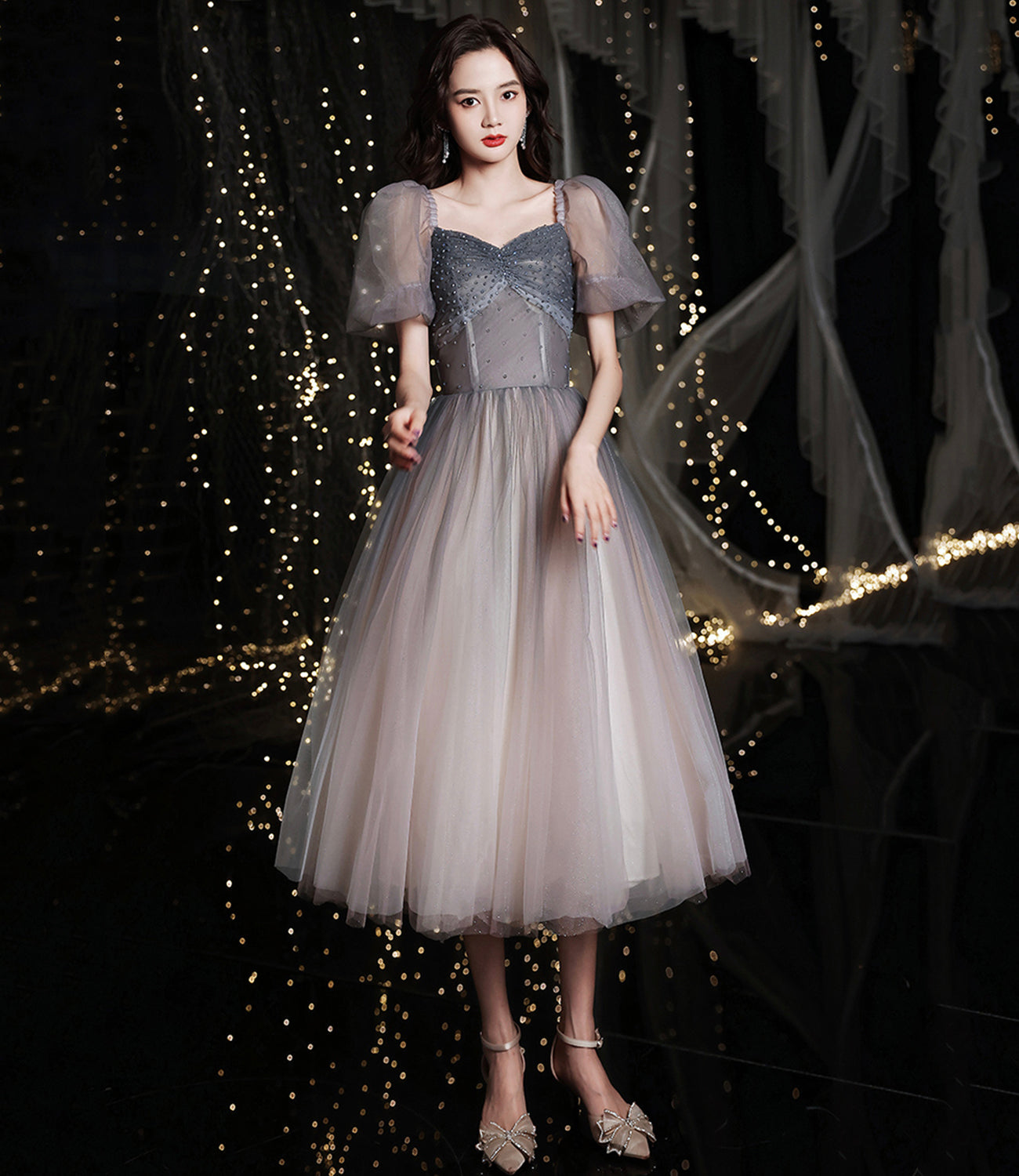 GRAY TULLE SHORT A LINE DRESS HOMECOMING DRESS cg23355