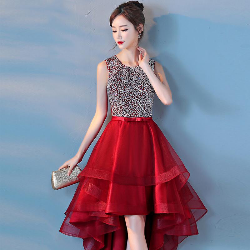 Wine Red Sequins Tulle High Low Round Neckline Party Dresses, Dark Red Homecoming Dresses cg23370