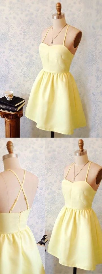 A-Line Spaghetti Straps Short Yellow Satin Homecoming Dress cg23412
