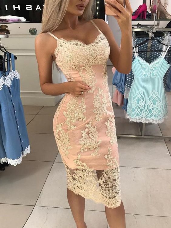 Spaghetti Strap Crochet Lace Overlay Bodycon Dress Homecoming Dresses cg23578