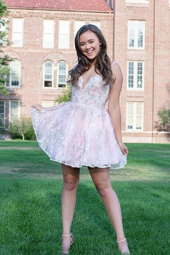 A-line pink lace short dress for your 2021 school homecoming dancing cg23672