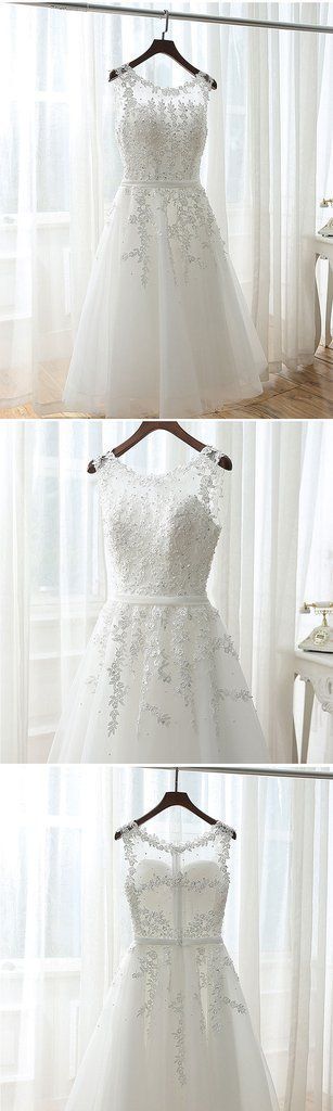 Lovely Tea Length White Tulle And Lace Round Neckline Party Dresses, White Formal Dresses Homecoming Dresses cg23697