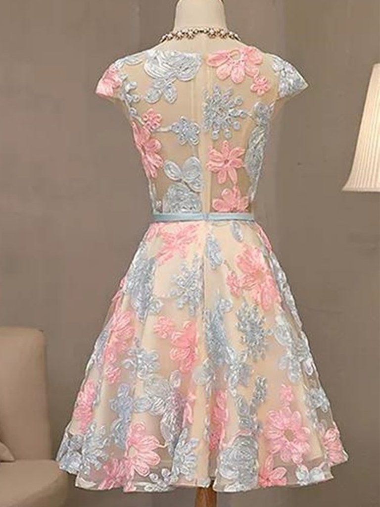 Cap Sleeves Colorful Lace Homecoming Dresses, Short Colorful Lace Formal Evening Dresses cg23715