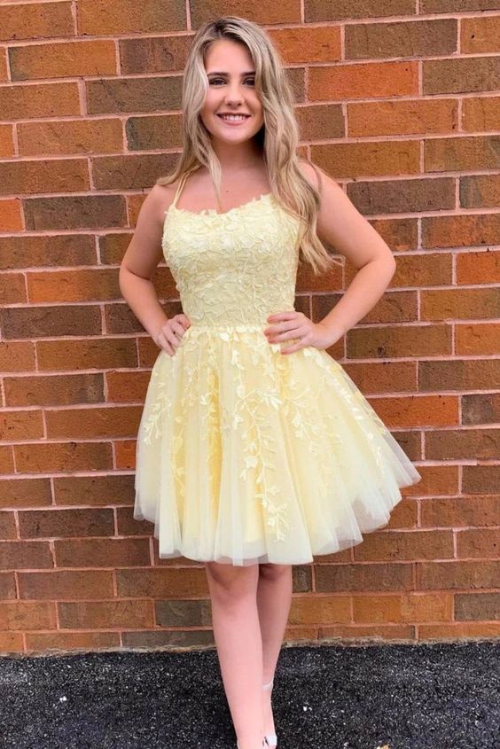 short yellow A-line lace appliqued homecoming dress birthday party dress with straps cg23730