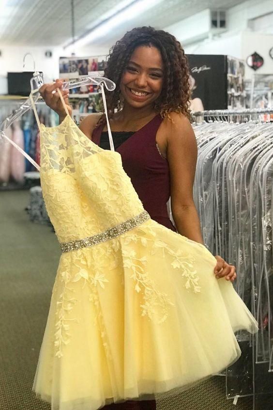 A-line short yellow homecoming dress Bella Dress with Beaded Belt cg23737