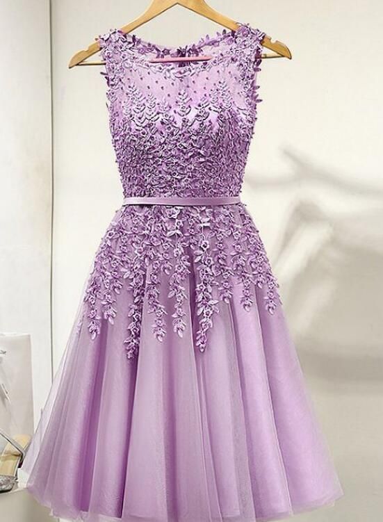 Purple Round Neckline Tulle Short Beaded Lace Knee Length Homecoming Dress cg23746