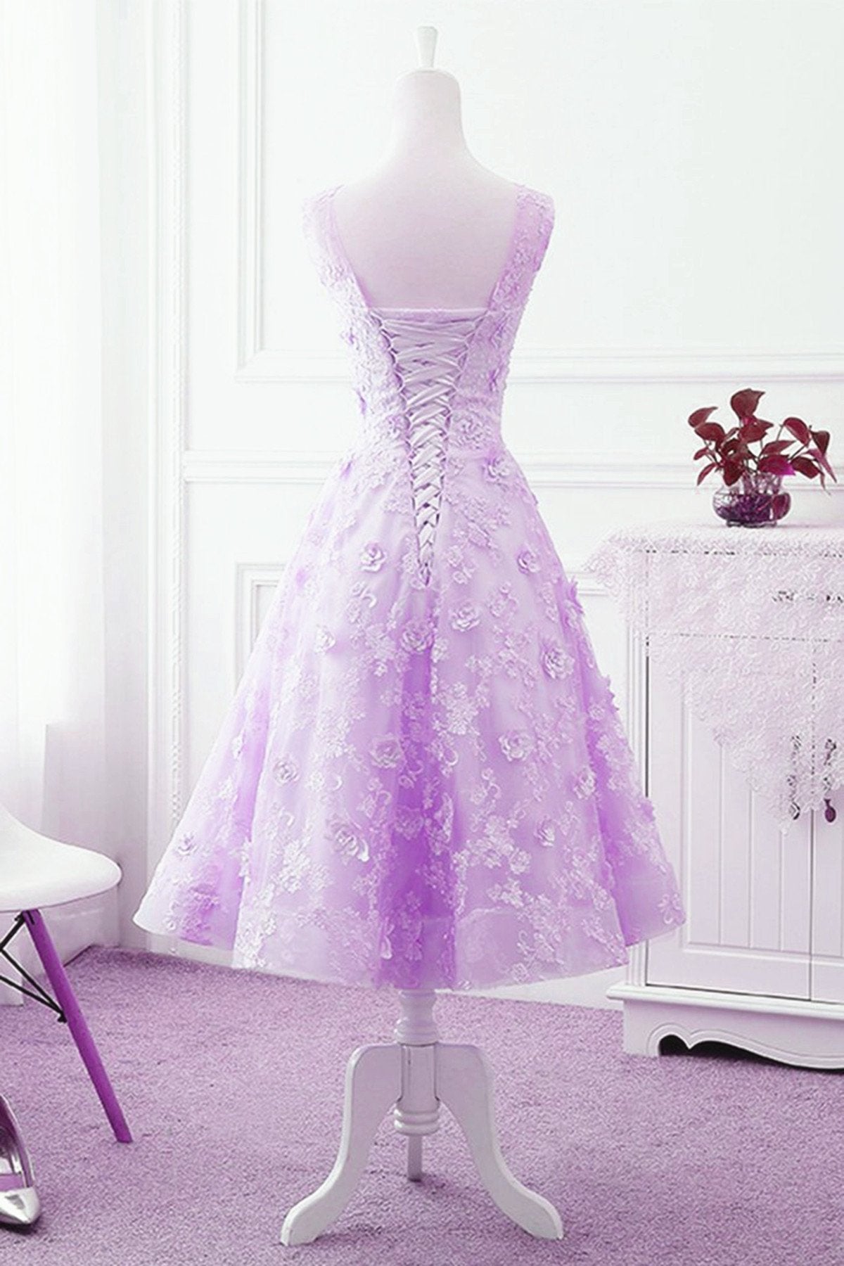 Lavender Lace Tea Length Wedding Party Dress, Vintage Style Homecoming Dress cg23747