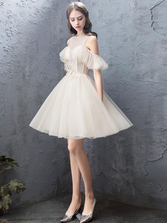 Cute round neck tulle champagne short dress, homecoming dress cg2383