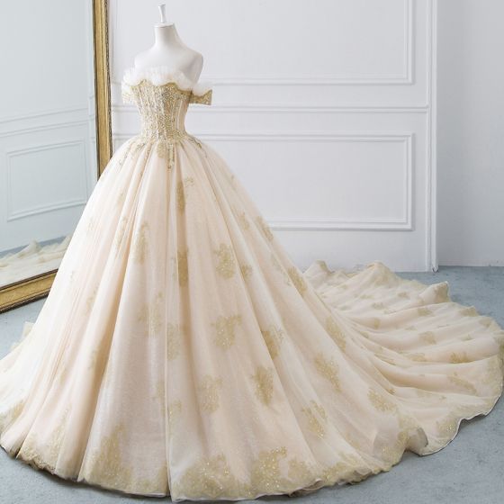 Ball Gown Off-The-Shoulder Short Sleeve Backless Glitter Tulle prom dress cg24078