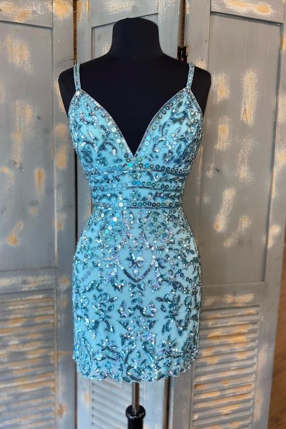Tight Blue Sequins Short Homecoming Dress cg24124
