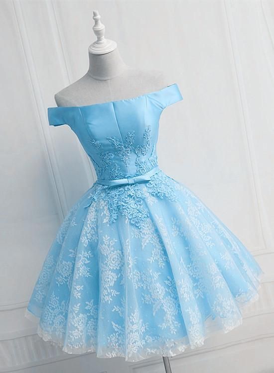 Light Blue Lace and Satin Short Party Dress, Blue Homecoming Dress cg24265