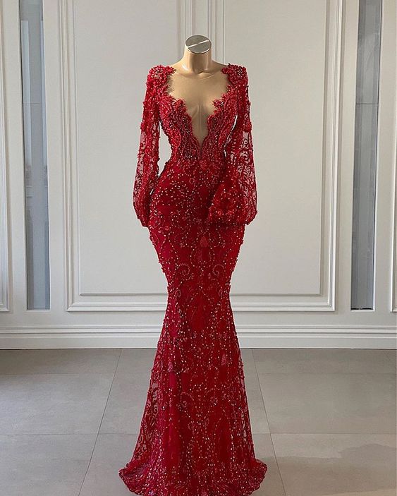 Red Prom Dress long Prom Dresses Long Sleeve Lace Mermaid Evening Gowns cg24348