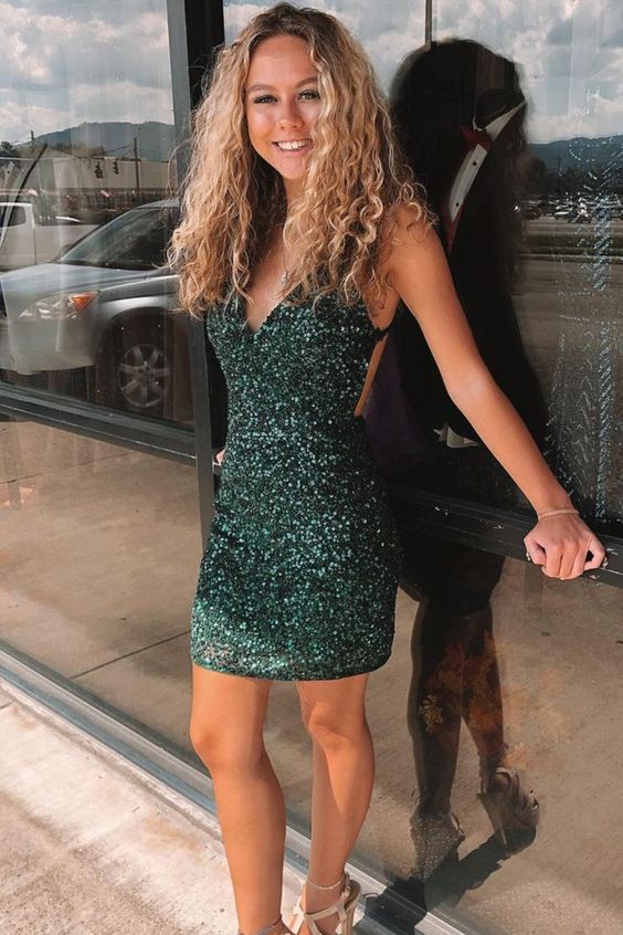 tight dark green sequins mini homecoming dress party dress cg24487