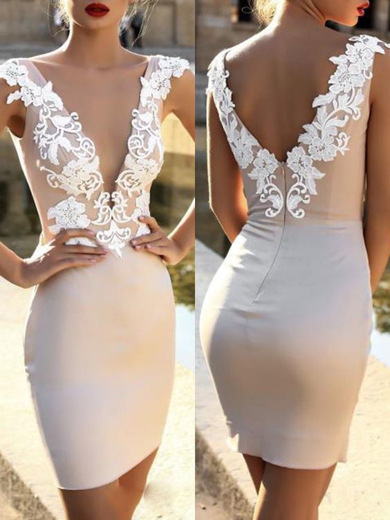 White Patchwork Lace Zipper Backless Bodycon Deep V-neck Elegant Mini Dress Homecoming Dress cg24588