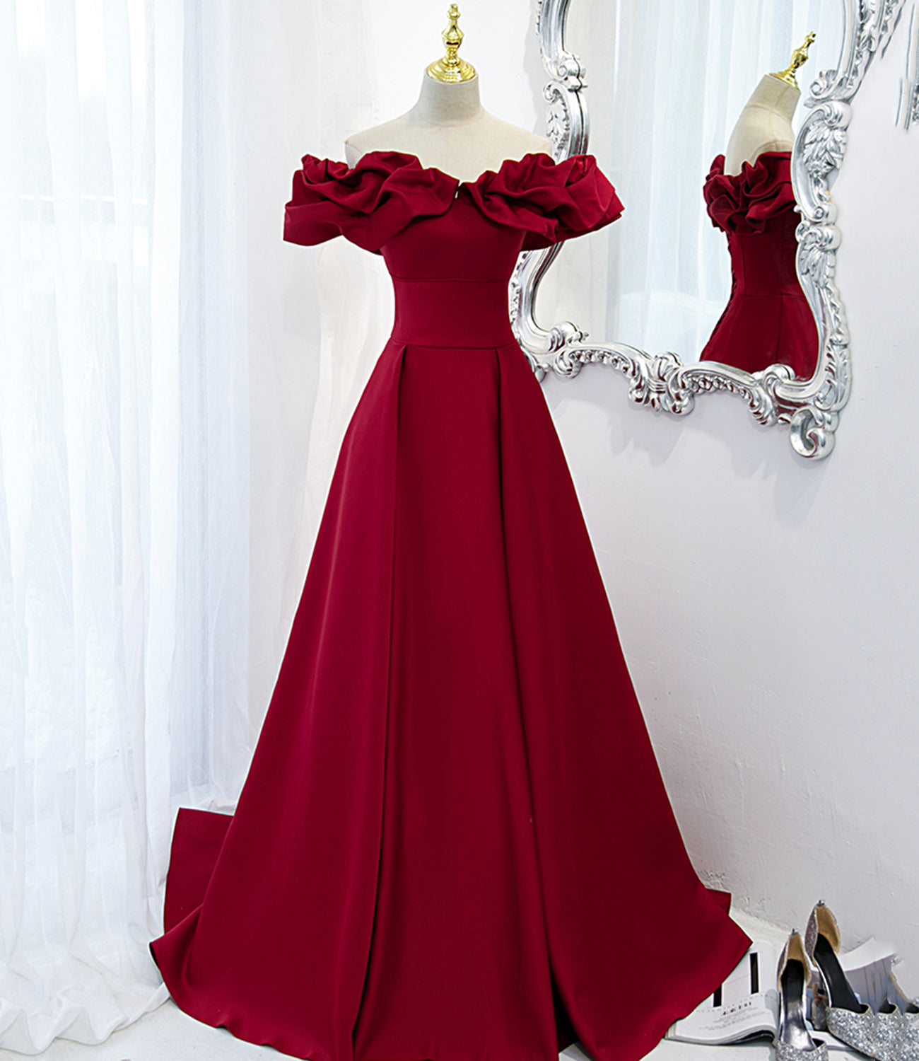 BURGUNDY OFF SHOULDER LONG A LINE PROM DRESS EVENING DRESS cg24687
