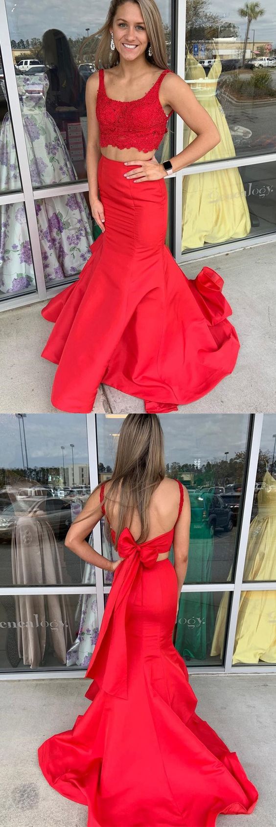 Mermaid Two Pieces Lace Red Long Prom Dresses, Two Piece Red Formal Dresses cg24783