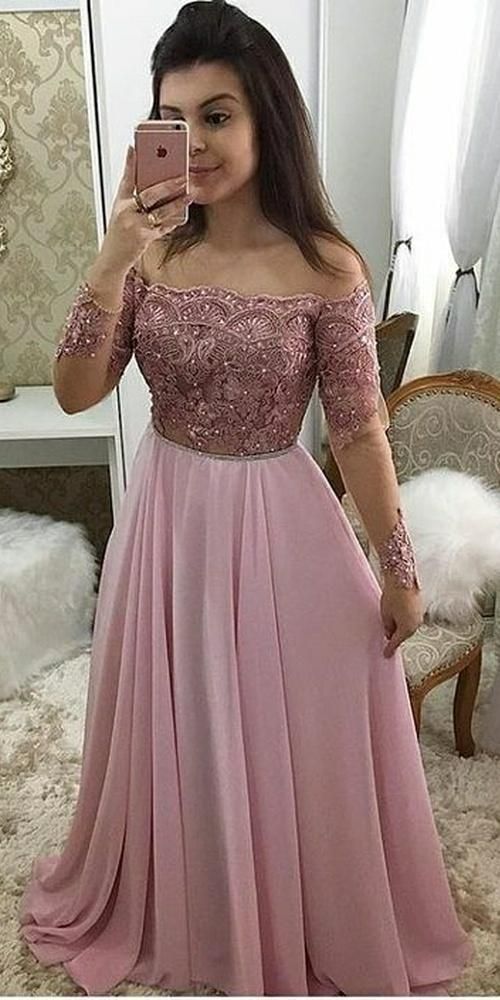 Off Shoulder Full Sleeves Long Prom Dress 2019 Custom Made Beaded Pink Evening Party Dress cg2518