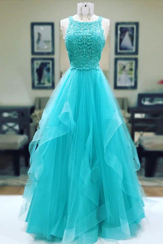 Turquoise tulle long lace prom dress, ruffles evening dress cg2522