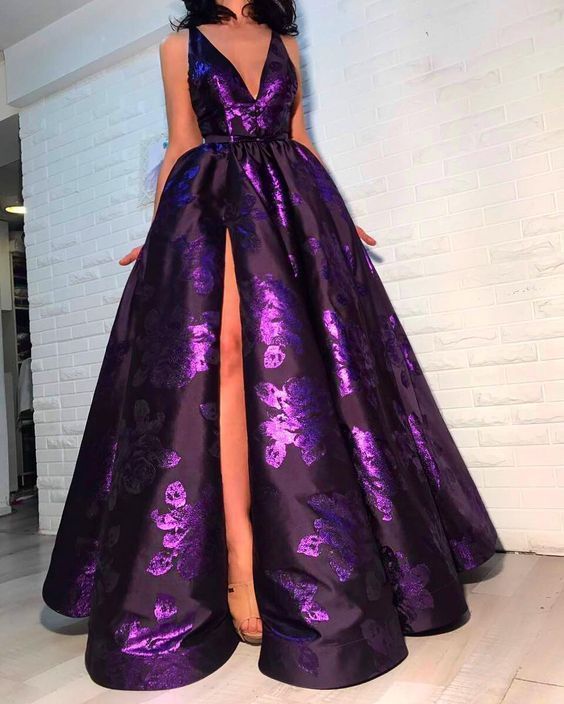 a-line prom dress,sexy high slit v-neck evening dress cg2530