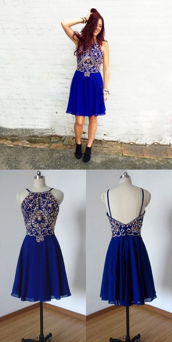 Open Back Homecoming Dresses Royal Blue Rhinesstone Aline Short Dress Party Dress cg2603