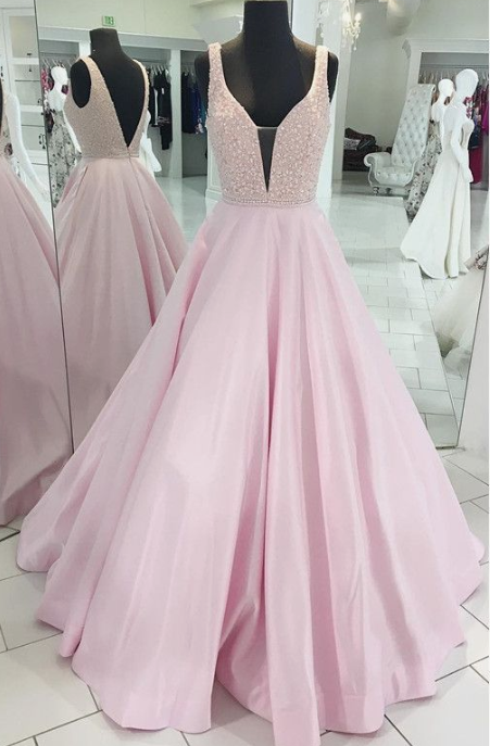 A-Line Prom Dress, Deep V-Neck Party Dress, Open Back Pink Evening Dress cg2639