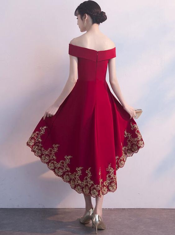Beautiful Red High Low Party Dress with Gold Applique, Stylish Formal Dress, Cute Party Dress,homecoming dress cg2658
